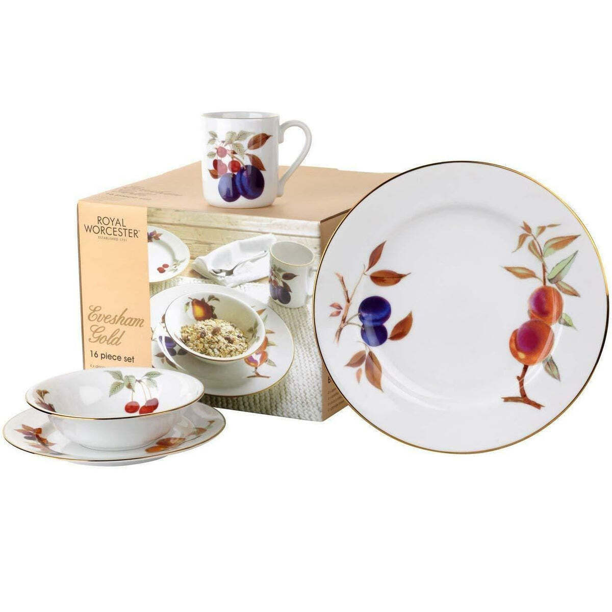 Royal Worcester Evesham Gold 16 Piece Dinnerware Set, Service for 4, Porcelain